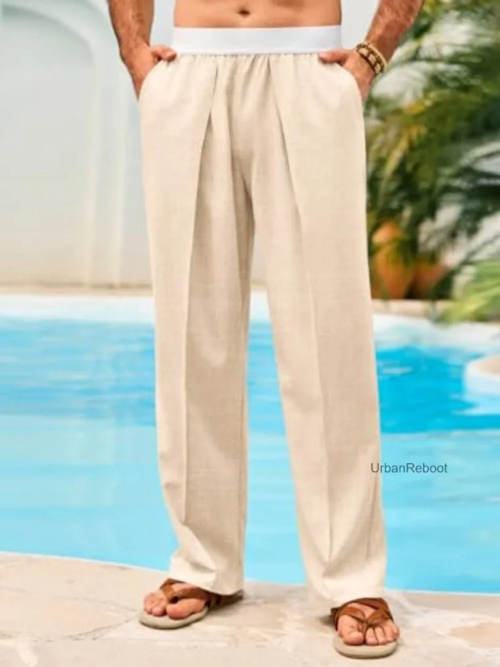 Mens Linen Pants Elastic Waist Straight Leg Casual Summer Yoga